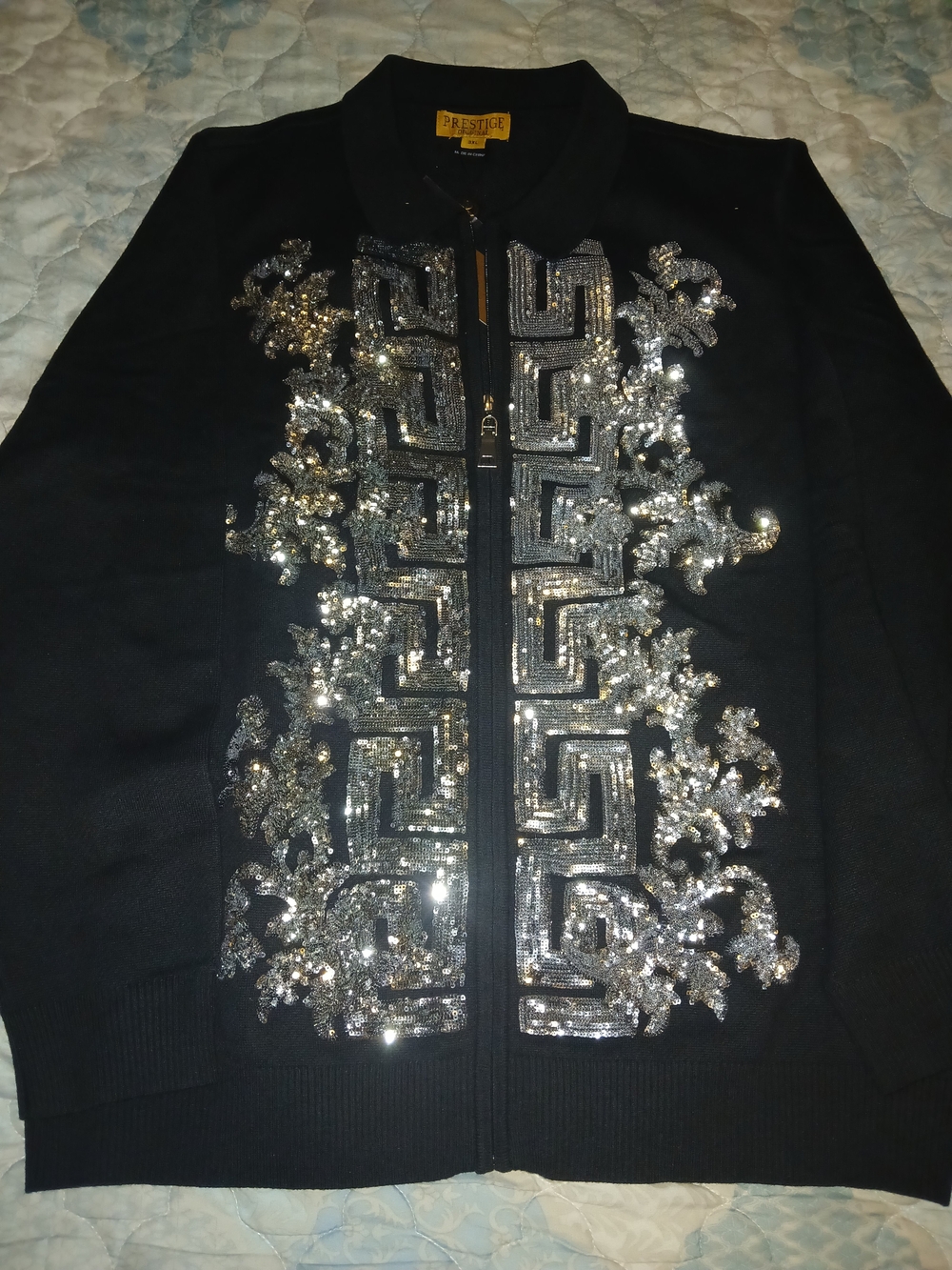 Black Sequin Embellished Zip Sweater